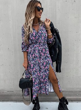 Autumn Winter Long Floral Print Dress Robe for Women 2021 Ca