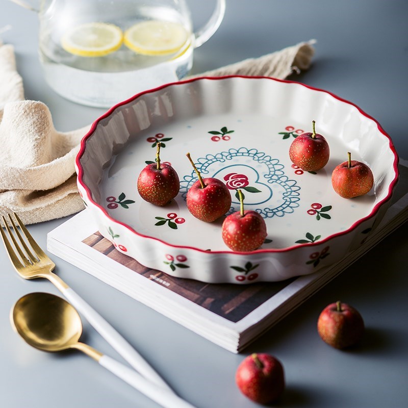 1pc Red Cherry Baking Plate Ceramic Dinner Dishes Pasta Rice
