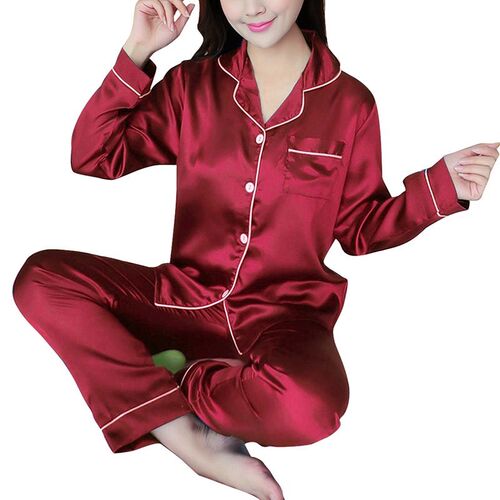 2021 New Autumn Women Turn-down Collar Pajamas Set Silk Sati