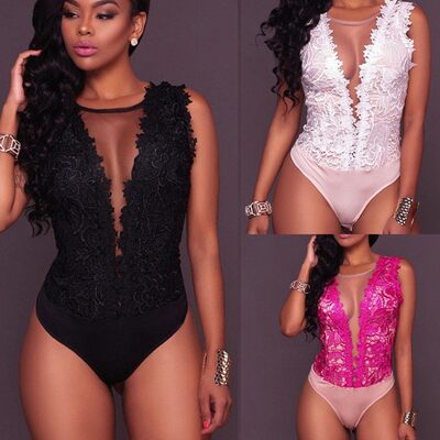 Sexy Women V Neck Lace Up Floral  Bandage Bodysuit Leotard S