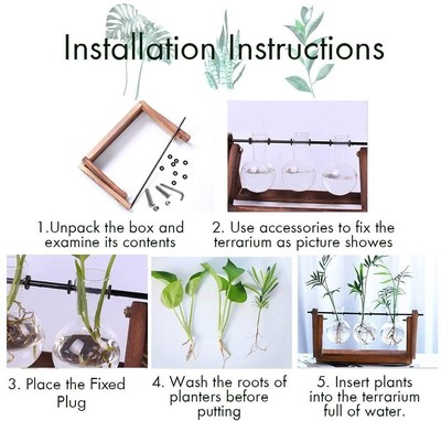 WINUNI Plant Terrarium Wooden Stand Planter Bulb Glass Vase