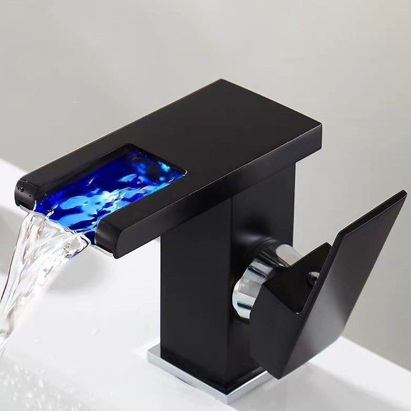 LED Waterfall Kitchen Bathroom Basin Sink Taps Faucet Temper