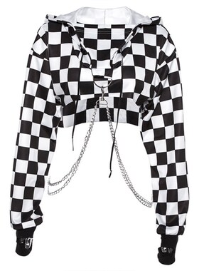 Women Plaid Casual Streetwear Sweatshirt Hoodie Crop Top Jum