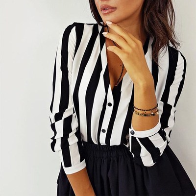 2019 New Blouse Women Casual Striped Top Shirts Blouses Fema