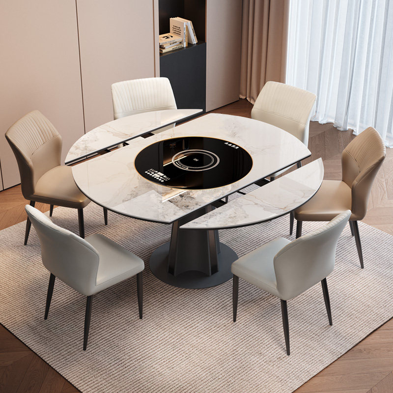 蒂梵拉大金边轻奢岩板餐桌内嵌暖菜转盘可伸缩带电磁炉家用意式台,住宅家具,岩板餐桌,淘宝优惠券,粉丝福利购,淘宝优惠卷