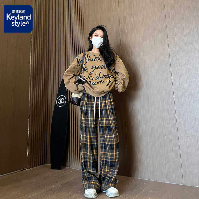百搭抽绳直筒春秋季宽松格子裤