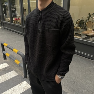 GTAL亨利领圆领老钱风毛衣男纯色长袖 复古休闲高级毛线衣 针织衫