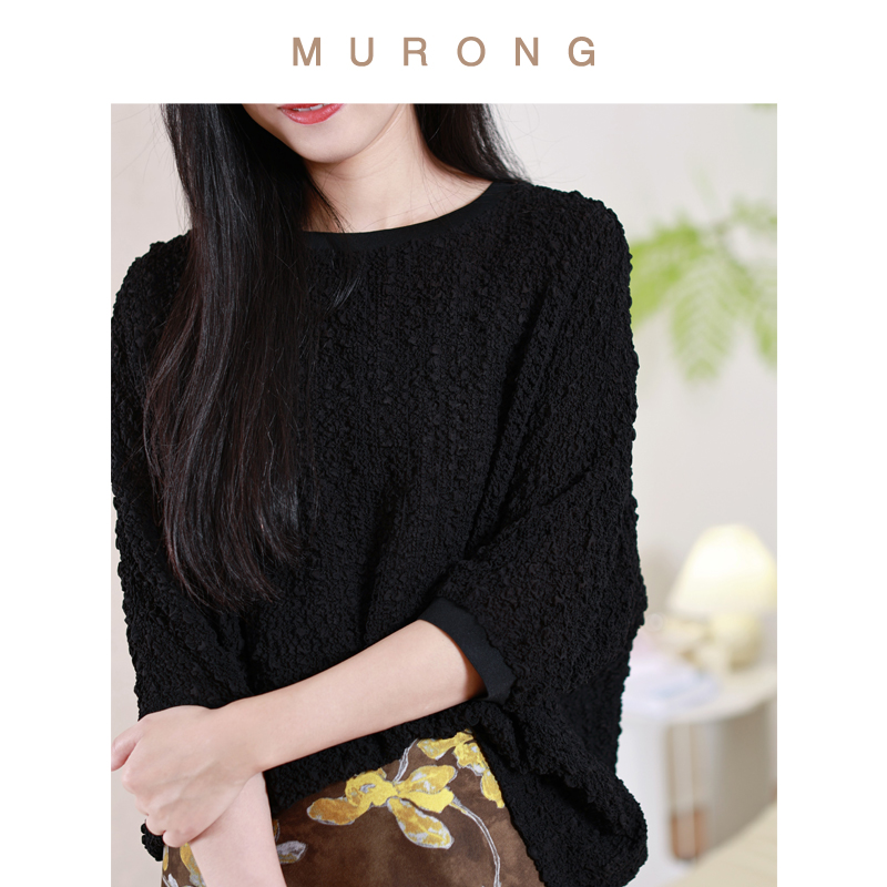 桑蚕丝泳绉圆领半袖新中式T恤女