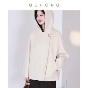 复古皮扣高支10%牦牛绒双面毛呢大衣简约百搭连帽中长款外套新款