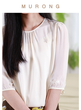 法式绣花22姆米重磅桑蚕真丝双乔缎上衣短袖圆领衬衫优雅通勤夏季