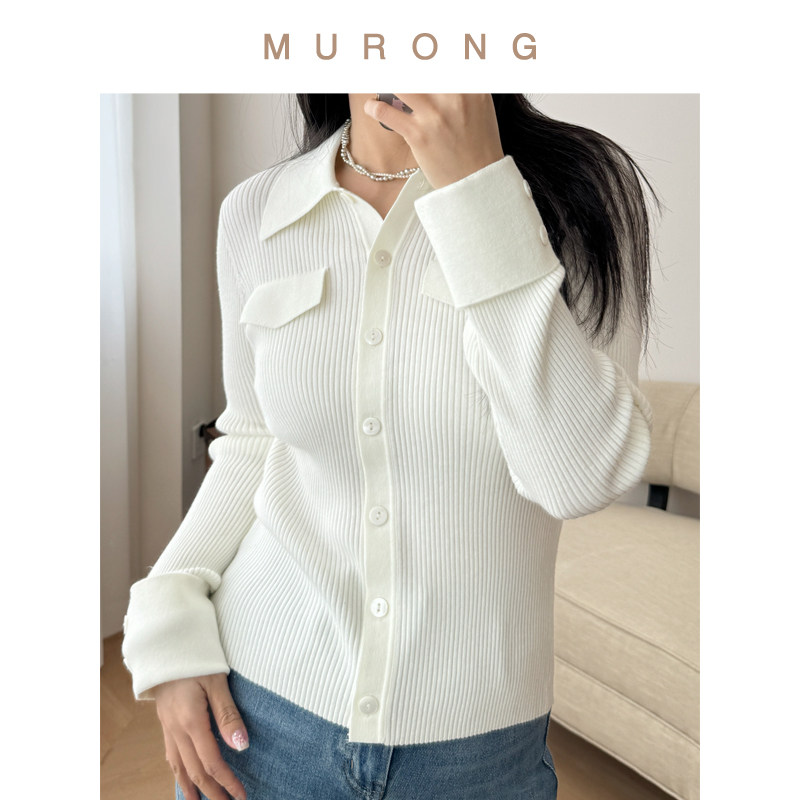 衬衫款羊毛显瘦竖坑条针织毛衣简约纯色修身弹力盖袋翻领开衫新款