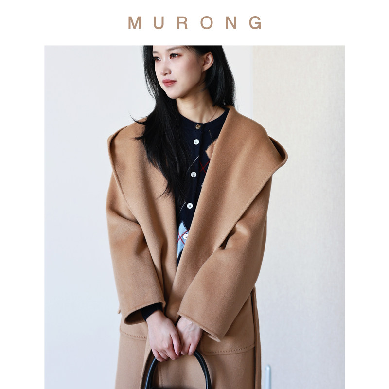 法式慵懒高支小羊绒连帽浴袍双面呢大衣系带呢子外套中长款时尚女