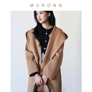 女 时尚 法式 慵懒高支小羊绒连帽浴袍双面呢大衣系带呢子外套中长款