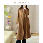 M家100%阿拉善山羊绒长浴袍大衣系带拱针双面呢外套24年秋冬新款