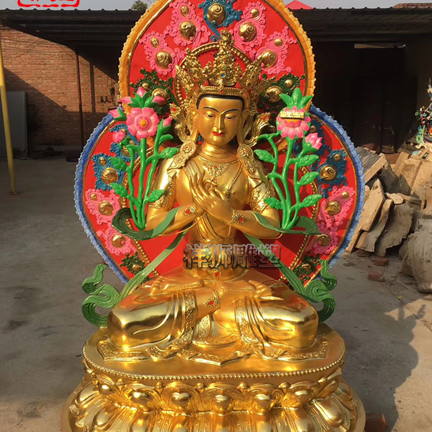 祥狮彩绘文殊菩萨佛像背光摆件