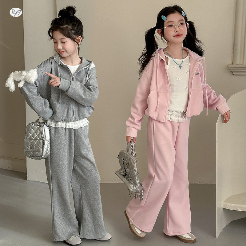 女童花边运动套装2026年春秋新款中大童连帽卫衣微喇裤两件套韩系