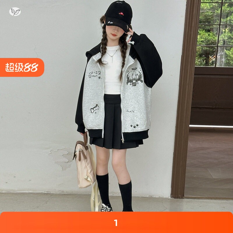 女童日系连帽外套2026年春季新款中大童卡通印花上衣可爱卫衣开衫