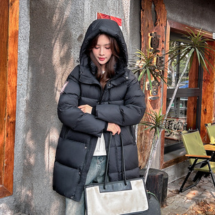PRATOLA黑色中长款羽绒服女2025冬季新款宽松过膝小个子连帽外套