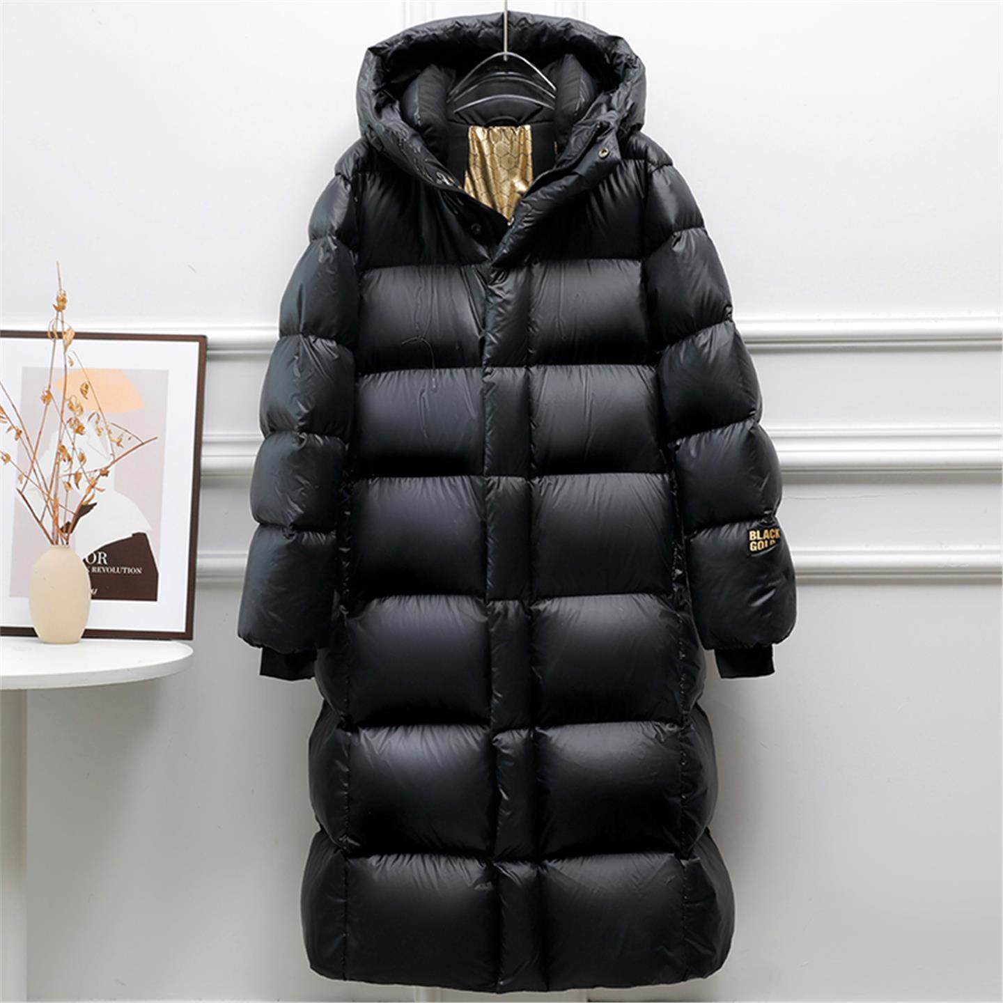 PRATOLA2025年新款长款羽绒服女加厚连帽保暖白鹅绒黑色宽松外套