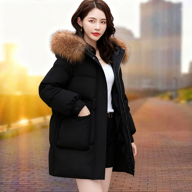 狐狸毛领羽绒服女中款保暖外套