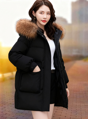 PRATOLA黑色外套2025新款狐狸毛领羽绒服女加厚保暖中长款派克服