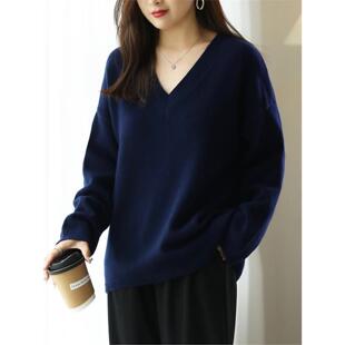 PRATOLA慵懒风女冬新款高级感软糯V领短款毛衣宽松打底山羊绒衫