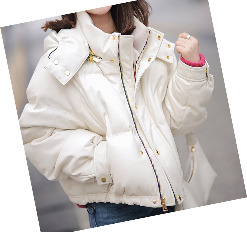 PRATOLA2025款皮面鹅绒服立领连帽羽绒服女小个子时尚百搭短款