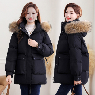 PRATOLA黑色中长款羽绒服女大毛领洋气减龄90白鸭绒三防宽松外套