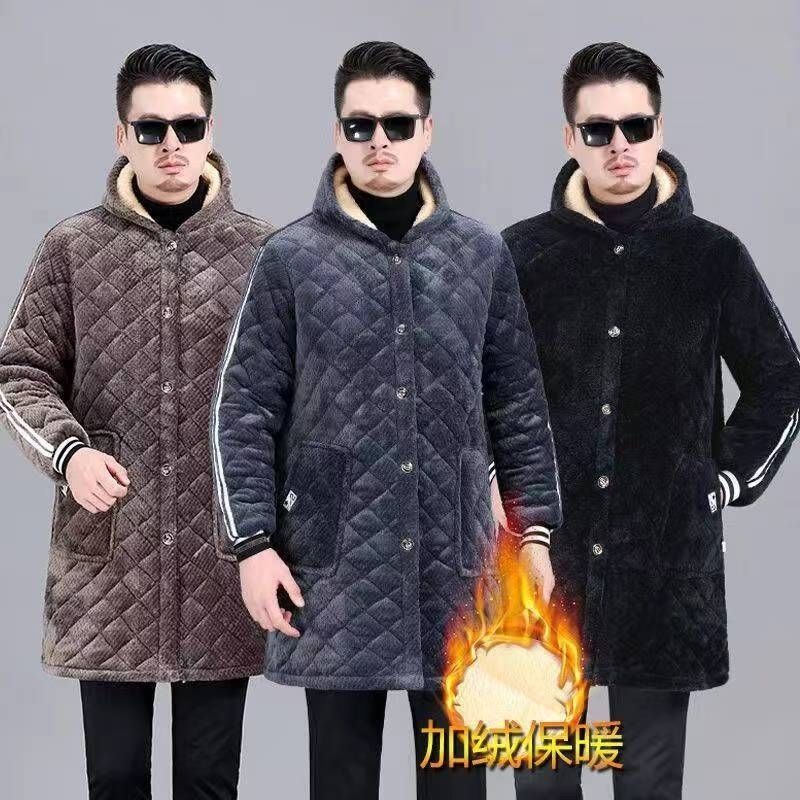冬季男士加绒加厚棉衣休闲大褂加长过膝罩衣工作服家居服保暖棉服