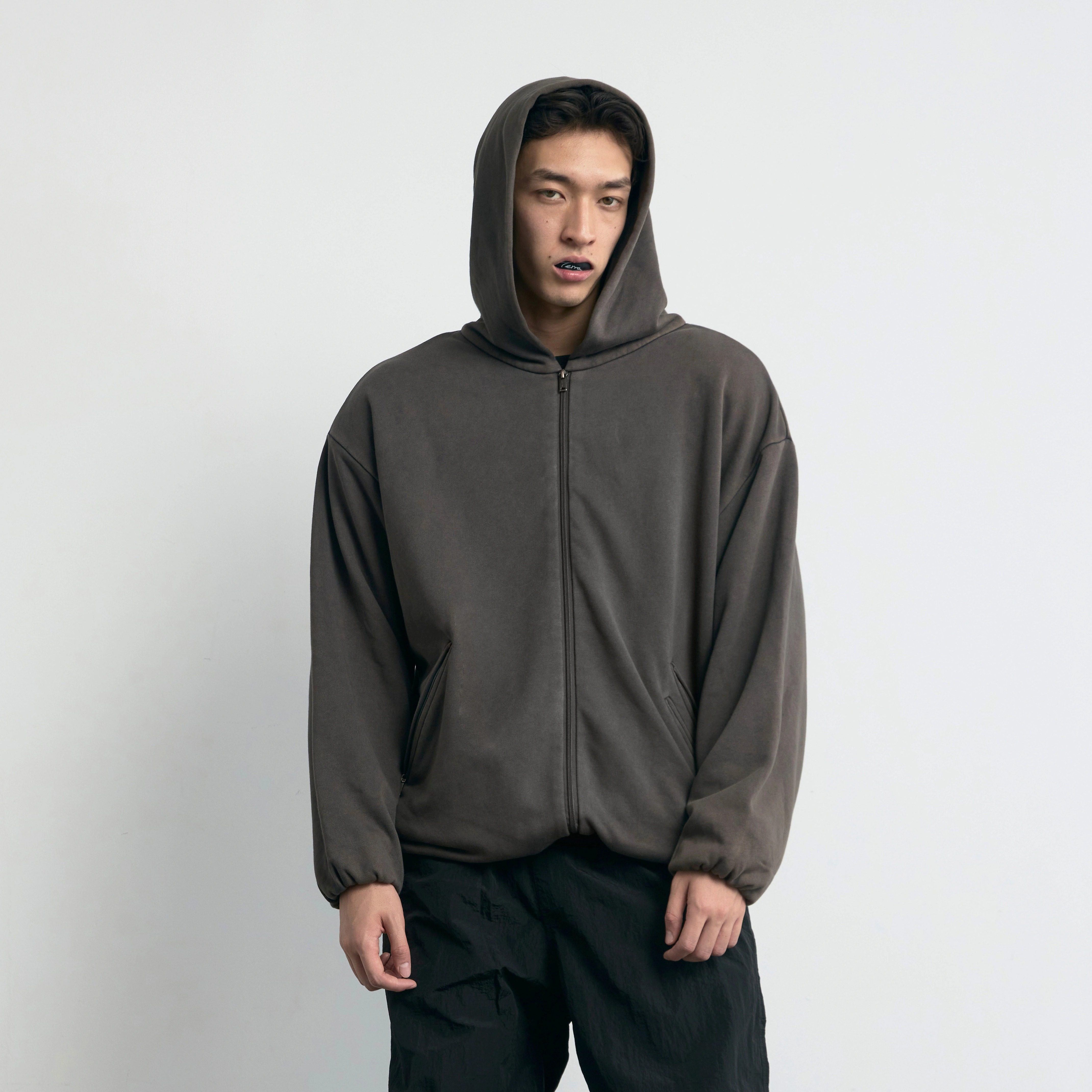 Terrawear 双层厚实重磅秋冬宽松三口袋连帽水洗复古拉链卫衣