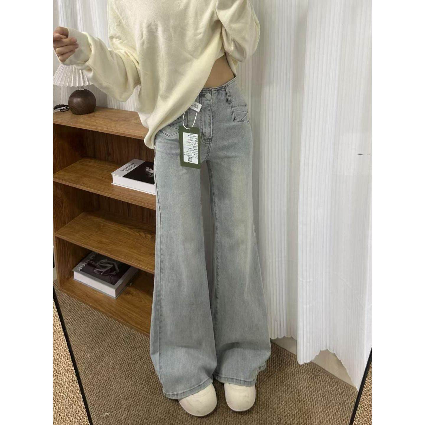 实拍小个子浅蓝色复古水洗不贴腿微喇牛仔裤女高腰弹力喇叭拖地裤