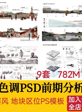 灰色调场地地块区位模板块 竞赛风现状景观前期分析图PSD分层素材