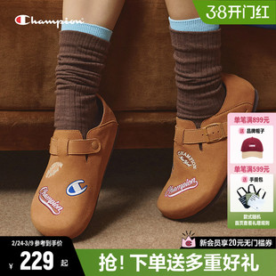 Champion冠军电绣勃肯拖鞋女冬季新款加绒休闲通勤鞋子情侣款