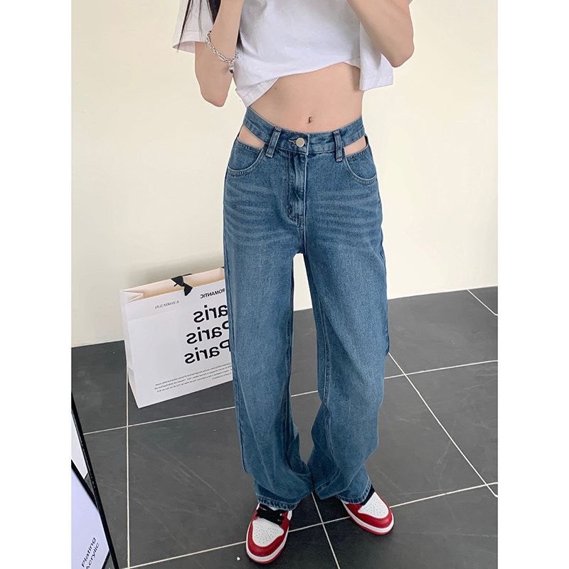 艾芮慕2022夏新款复古高腰镂空小众设计感宽松直筒露腰阔腿牛仔裤