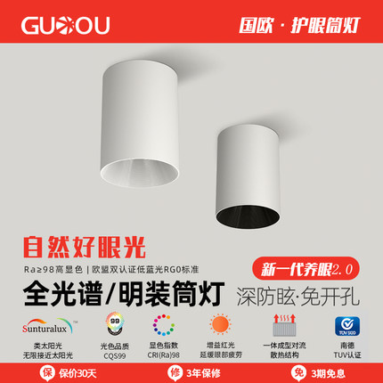 国欧明装筒灯led防眩射灯免钻孔吸顶cob天花板灯北欧简约风客厅智