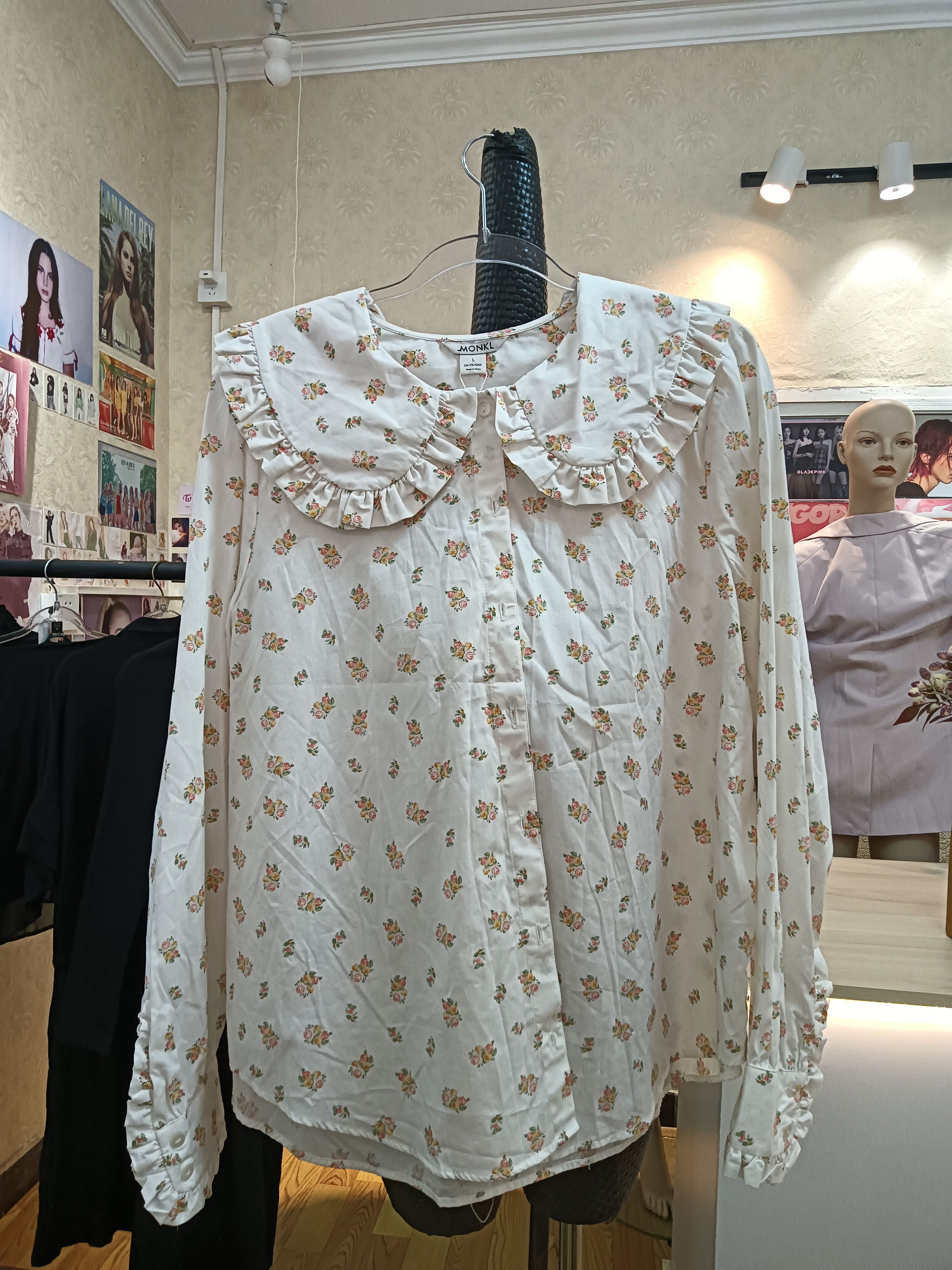 monki白色碎花娃娃领翻领复古长袖衬衫商场撤柜品牌