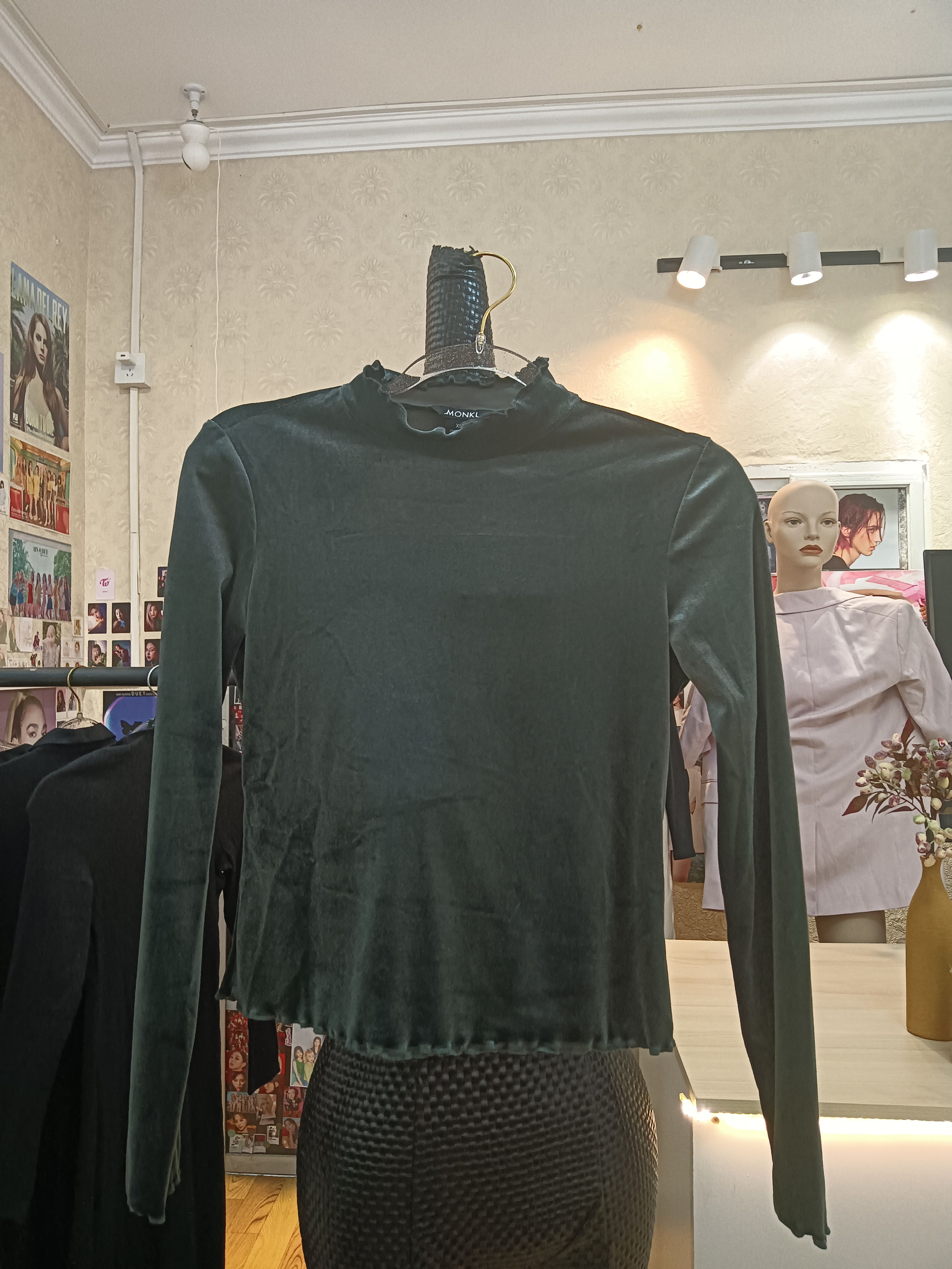 monki墨绿色金丝绒花边小高领长袖修身上衣商场撤柜品牌
