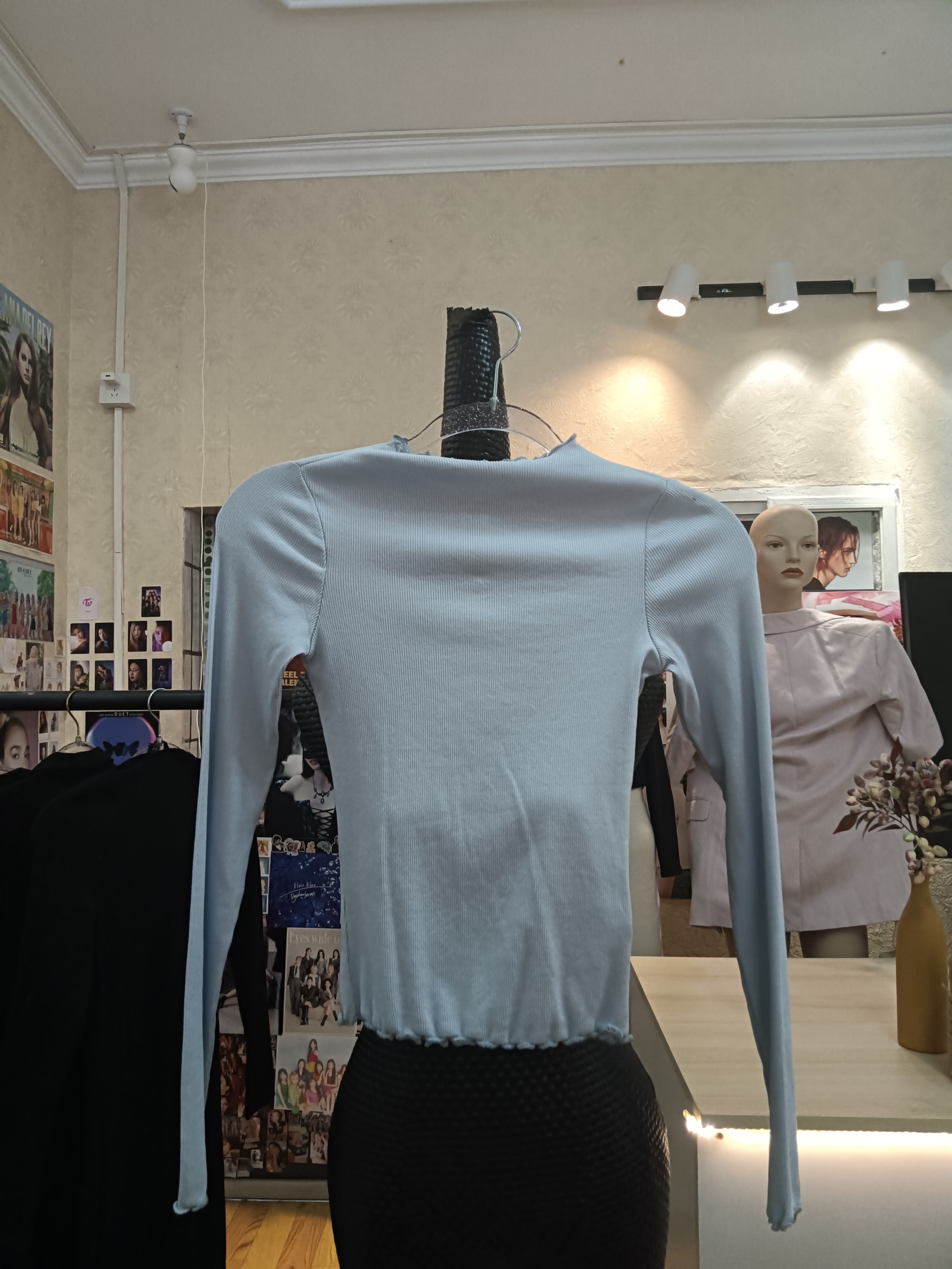 monki浅蓝色纯色花边领紧身长袖上衣商场撤柜品牌