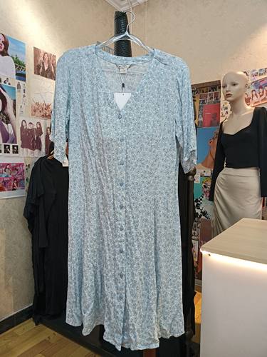 monki蓝色小碎花v领系扣收腰短袖连衣裙商场撤柜品牌