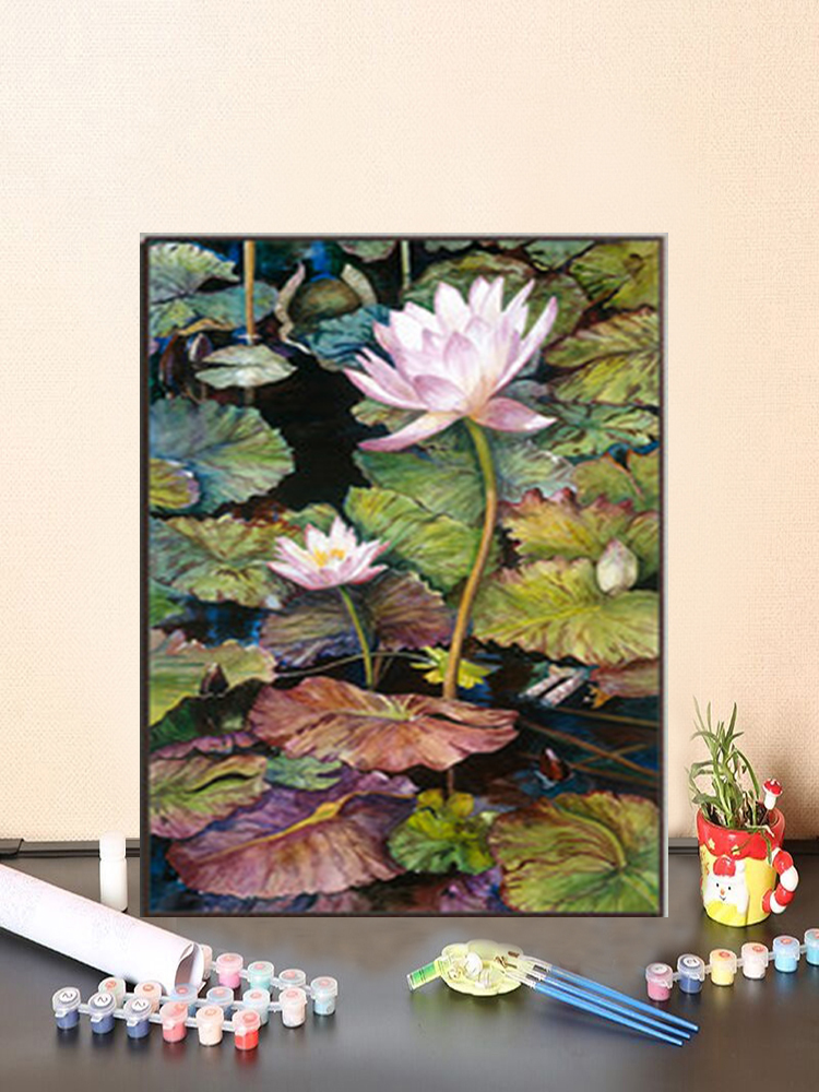 欧式荷花复古风格diy数字油画手工填色家居客厅卧室玄关装饰画图片