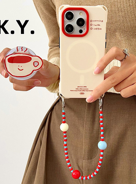 创意红英文咖啡磁吸支架手机壳带挂绳适用于苹果17/16华为mate60/70手腕斜跨小米15四角开孔vivox200pro防摔