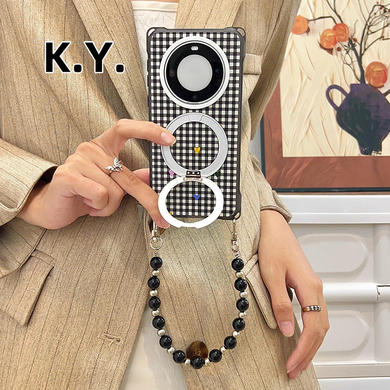 简约黑白格纹磁吸旋转支架手机壳带挂绳适用于iPhone16pro华为mate60/70手提斜跨findx8四角开孔vivox200u