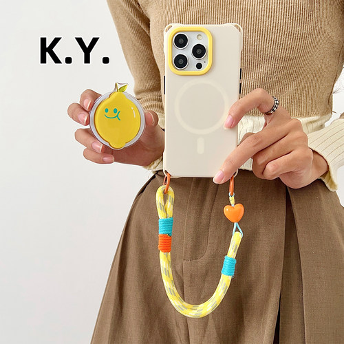 笑脸柠檬磁吸支架手机壳带挂绳适用于苹果15/16华为mate60/70四角开孔小米14/15ultra斜挎背带vivo200u防摔