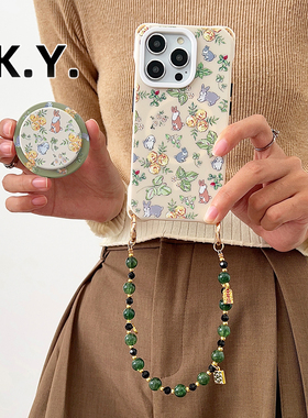 花朵小兔磁吸旋转支架手机壳背带斜挎苹果16promax手提斜挎可背苹果17pro防摔硬壳华为mate70pro小米15ULTRA