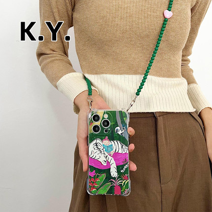小众油画白虎手机壳带挂绳适用iPhone15PROMAX华为mate60pro小米14ULTRA单肩斜挎pura70软硅胶荣耀200外壳