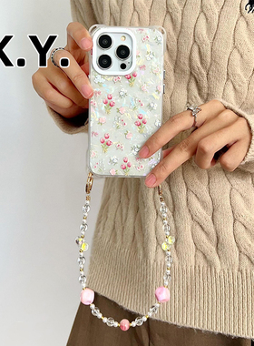 简约贝壳纹郁金香手提链条手机壳适用苹果16PROMAX华为MATE70PRO+四角开孔PURA70ULTRA防摔FINDX8PRO保护套女