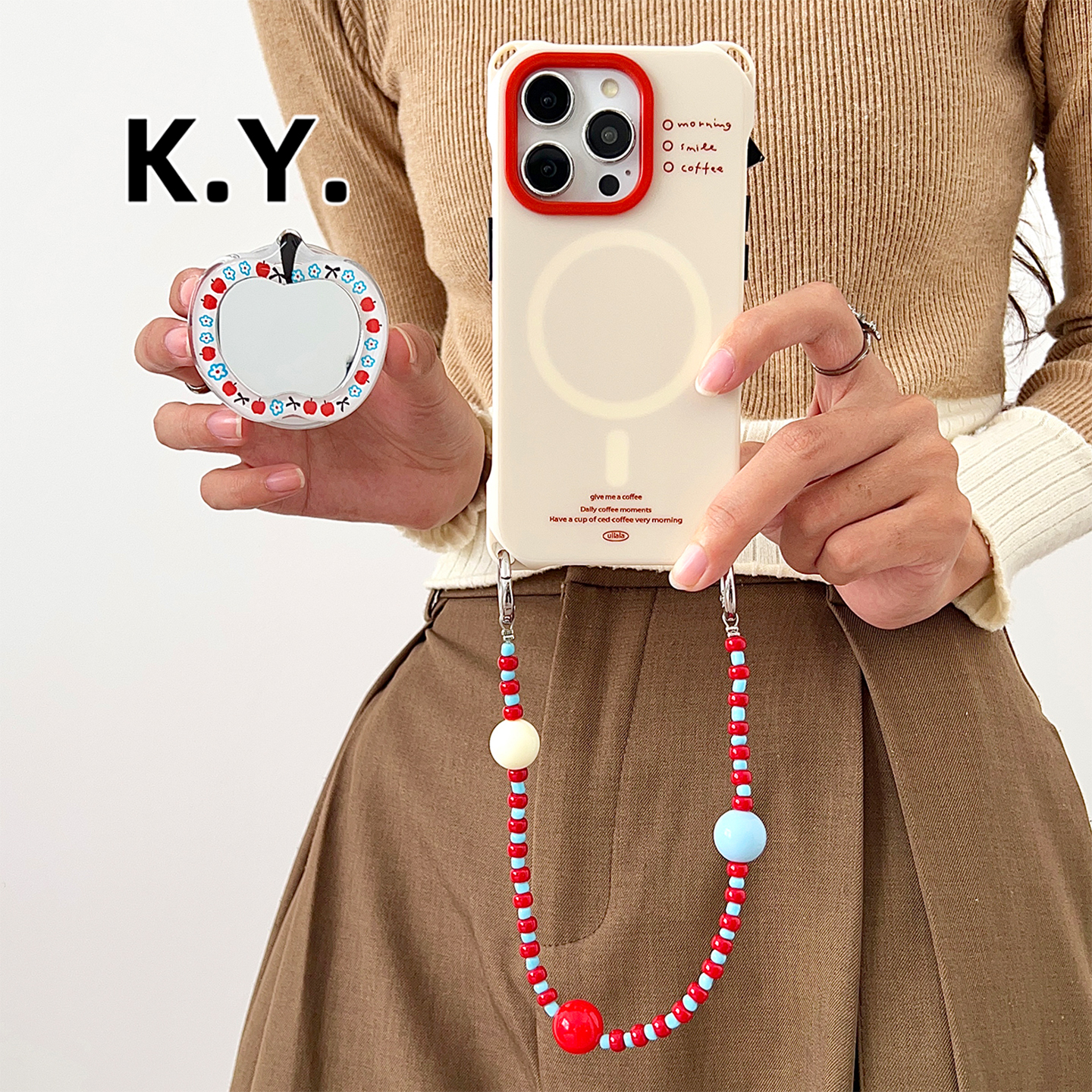 创意红蓝白苹果镜面16promax带支架磁吸手机壳挂绳手腕适用于华为mate70斜挎可背17PRO保护壳VIVOX200ULTRA