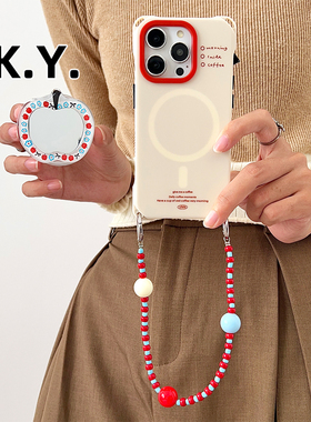 创意红蓝白苹果镜面16promax带支架磁吸手机壳挂绳手腕适用于华为mate70斜挎可背17PRO保护壳VIVOX200ULTRA