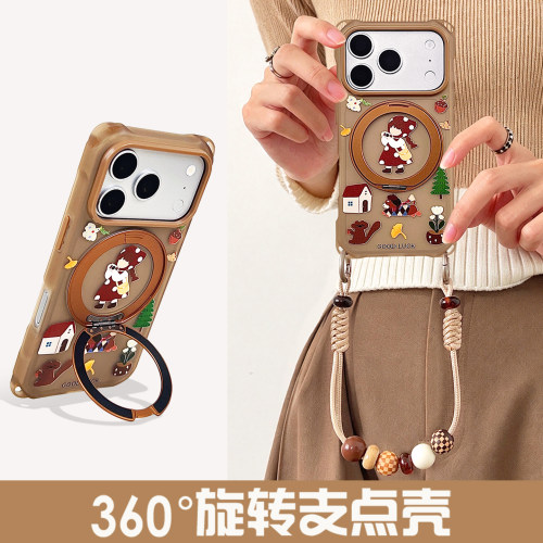 卡通小紅帽360°旋转支架手机壳带挂绳适用于iPhone18Pro可手提斜挎背带华为Mate80/70Pro四角开孔OPPOfindX8
