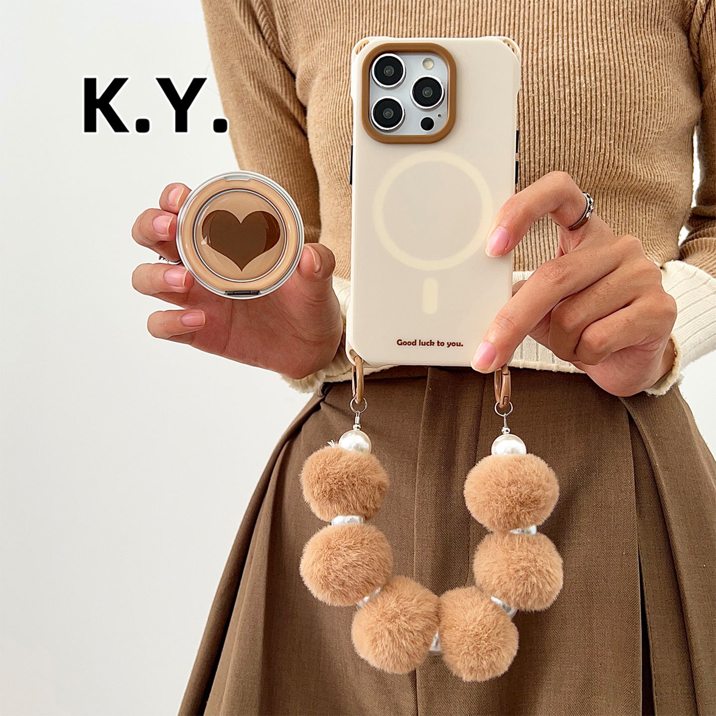 卡其爱心新款苹果17promax带支架磁吸手机壳挂绳适用于华为mate70斜挎可背16pro保护壳vivox200简约防摔保护